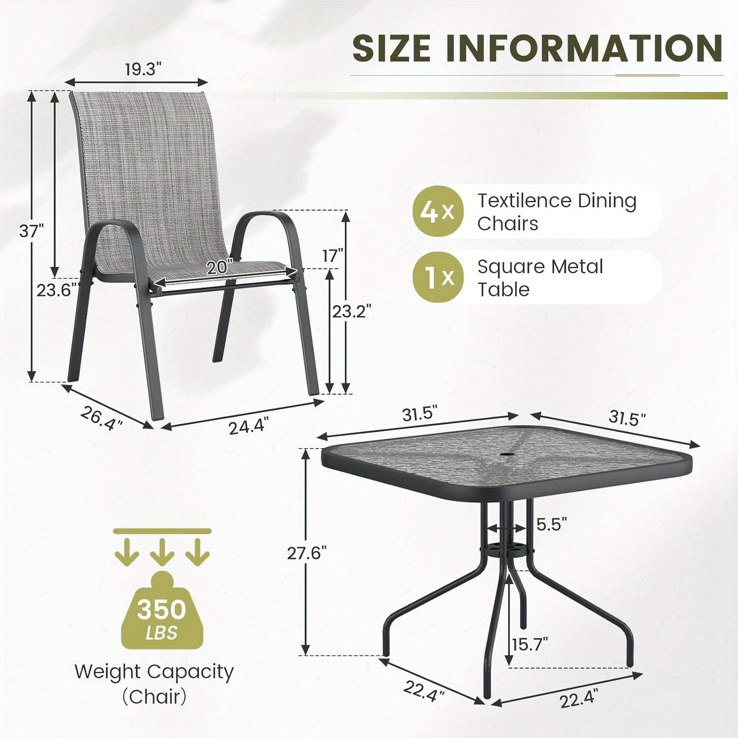 Patio Dining Set For 5, Outdoor Table And Chairs Set With Textured Glass Table, 4 Stackable Patio Chairs, Outdoor Furniture Set For Deck Garden Backyard Lawn Poolside