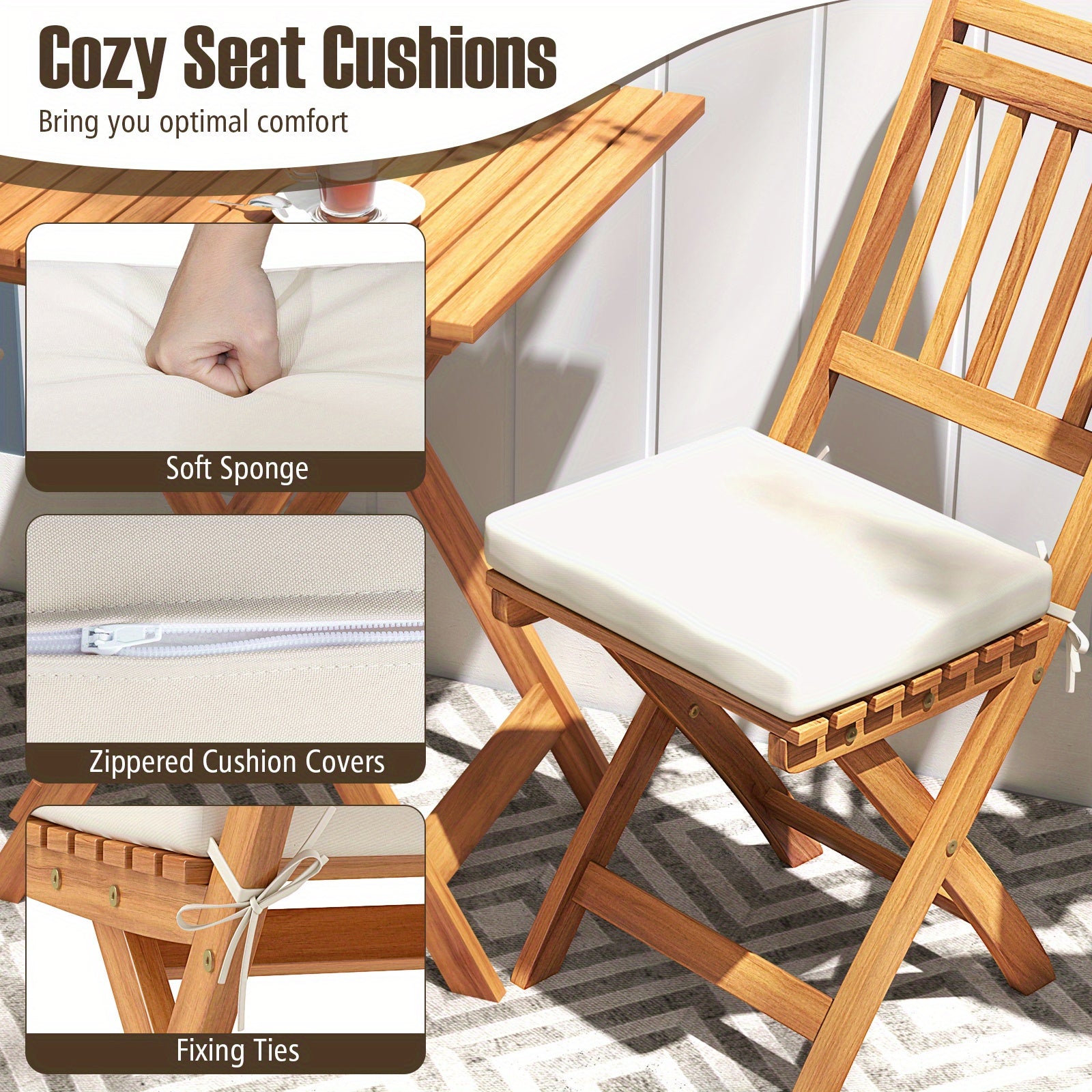 COSTWAY Outdoor Wooden Bistro Set, Folding Chair And Table Set with Comfortable Seat Cushions, Acacia Wood High Back Armless Chairs with Table, Patio Dining Set with Cushions for Backyard And Poolside.