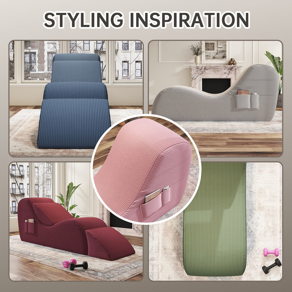 Adults' Ergonomic Yoga Chair with Ottoman - High-Density Foam Boneless Chaise Lounge, Lumbar & Side Pockets - Indoor Stretching Chair for Relaxation, Exercise, for Gym\u002FPilates\u002FStudio - Easy Setup (No Assembly)