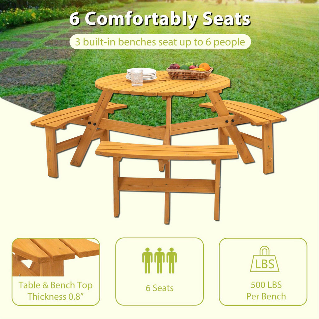 6-Person Wooden Picnic Table, Wooden Furniture Set W\u002F Round Table and Benches for for Outdoor Gathering