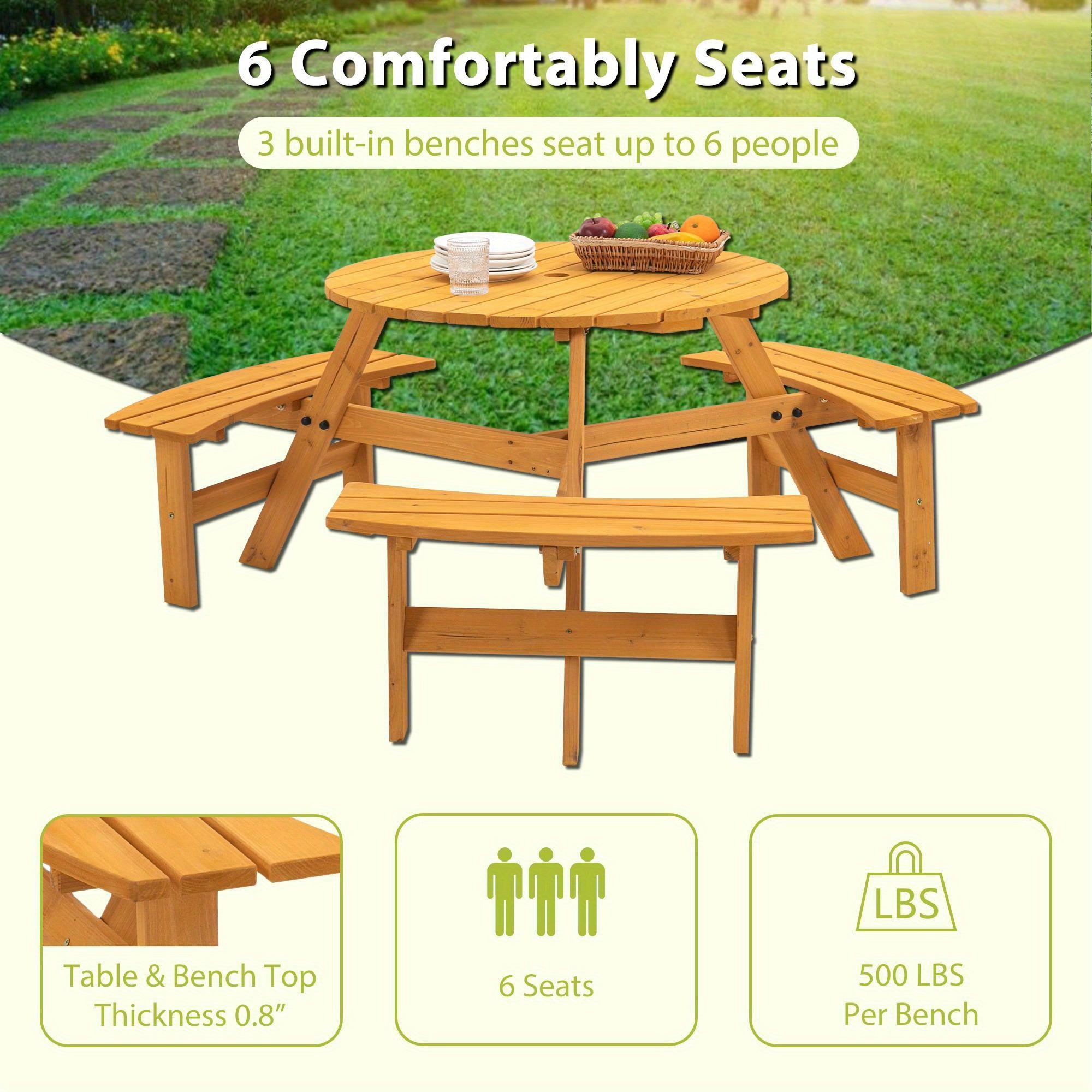 6-Person Wooden Picnic Table, Wooden Furniture Set W\u002F Round Table and Benches for for Outdoor Gathering