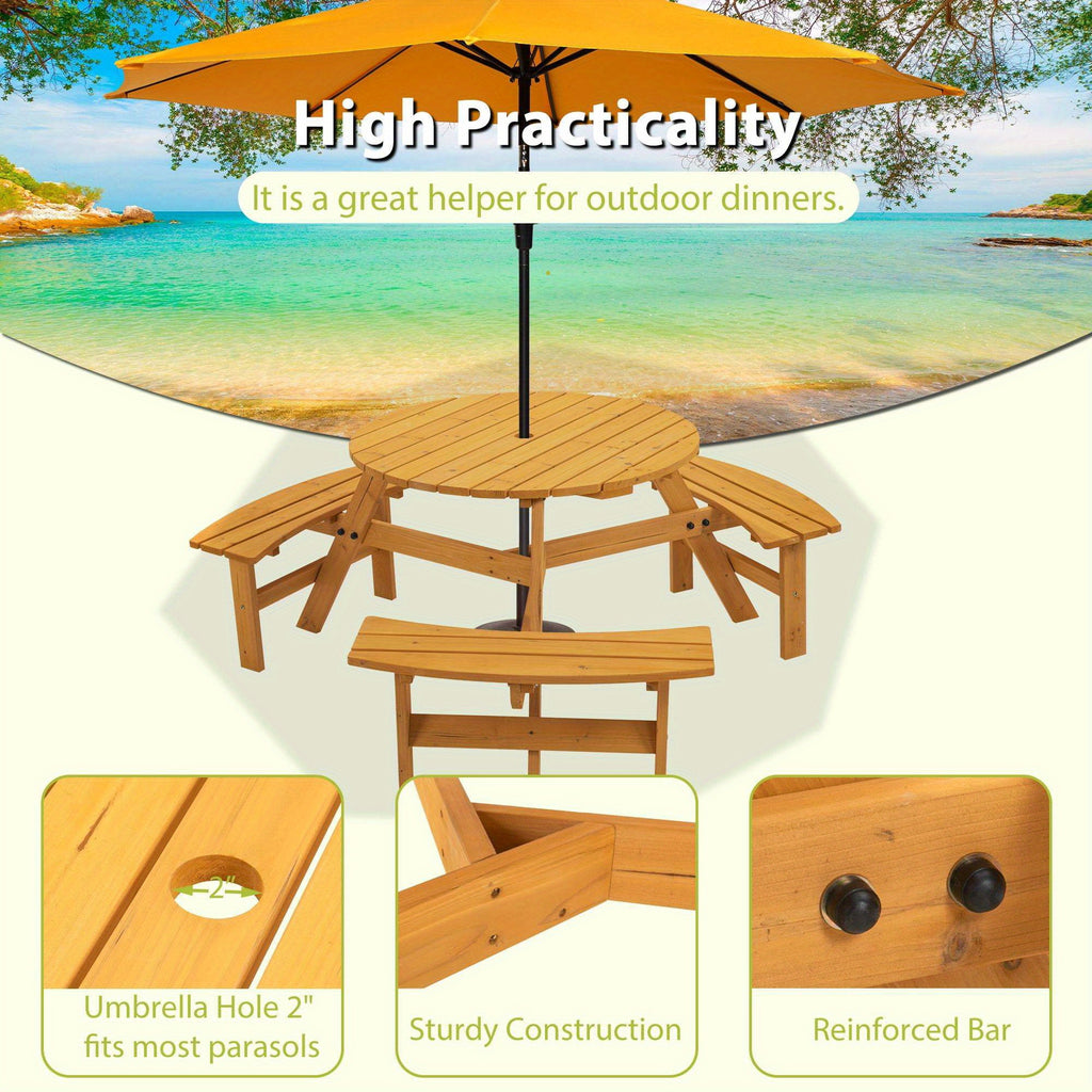 6-Person Wooden Picnic Table, Wooden Furniture Set W\u002F Round Table and Benches for for Outdoor Gathering