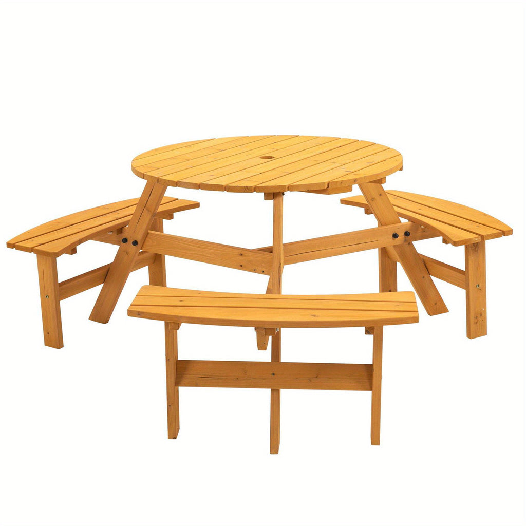 6-Person Wooden Picnic Table, Wooden Furniture Set W\u002F Round Table and Benches for for Outdoor Gathering