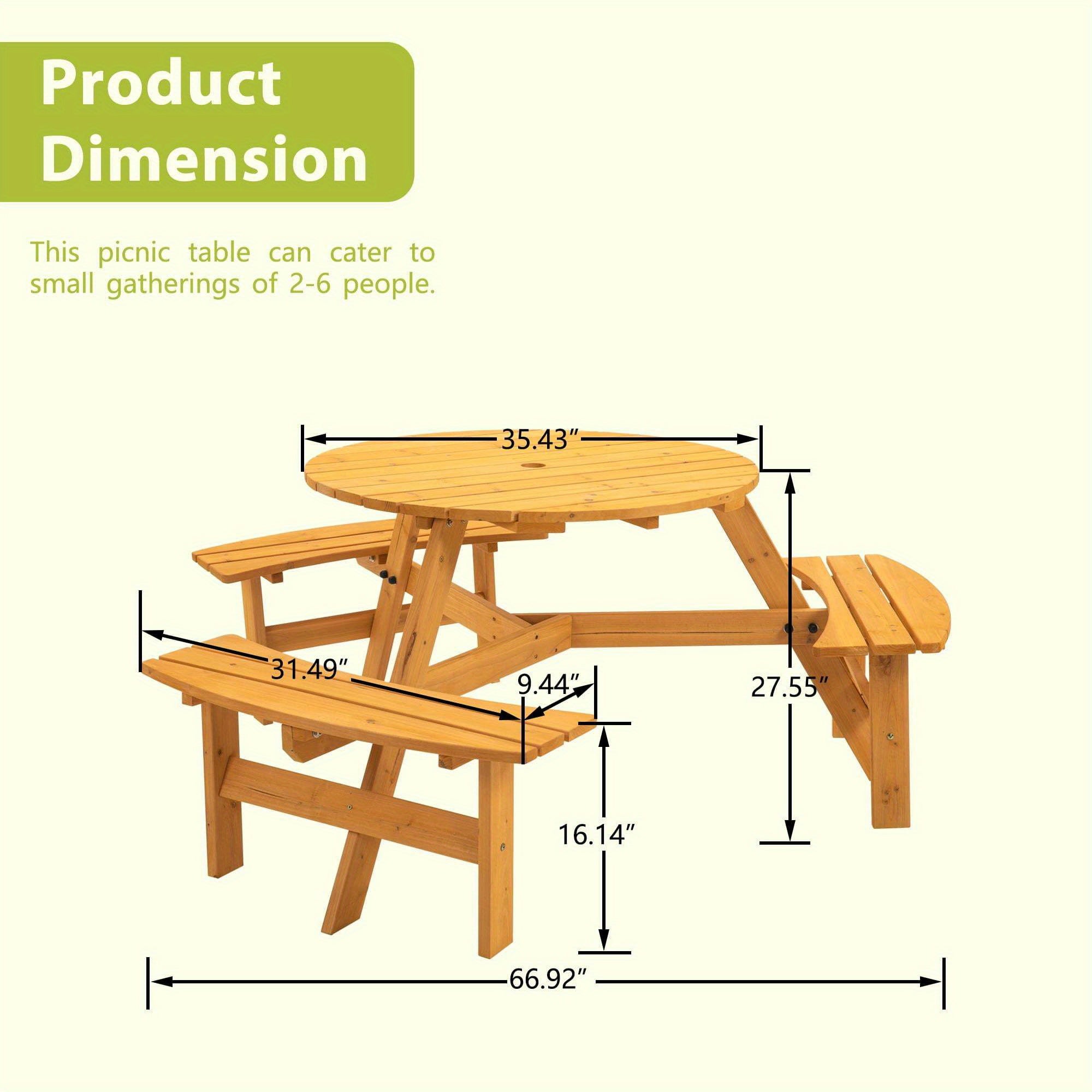 6-Person Wooden Picnic Table, Wooden Furniture Set W\u002F Round Table and Benches for for Outdoor Gathering