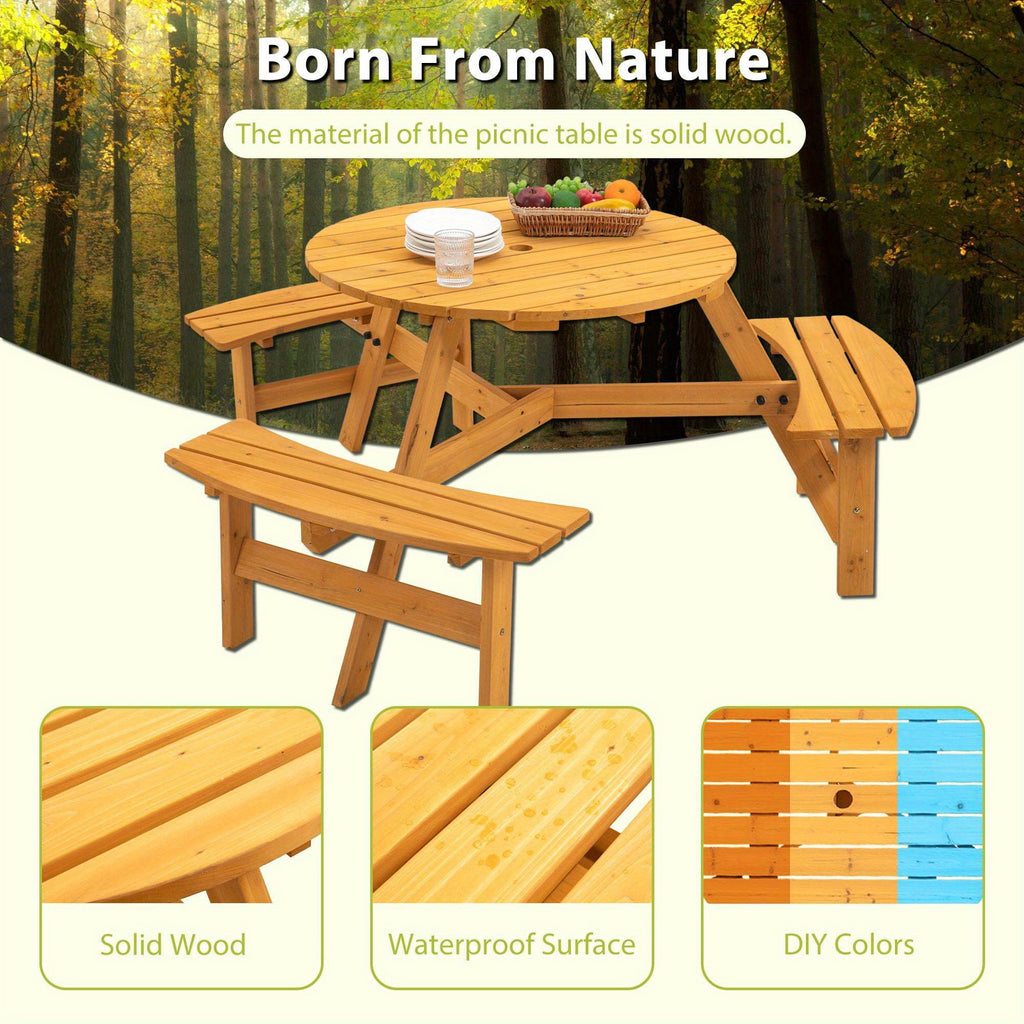 6-Person Wooden Picnic Table, Wooden Furniture Set W\u002F Round Table and Benches for for Outdoor Gathering