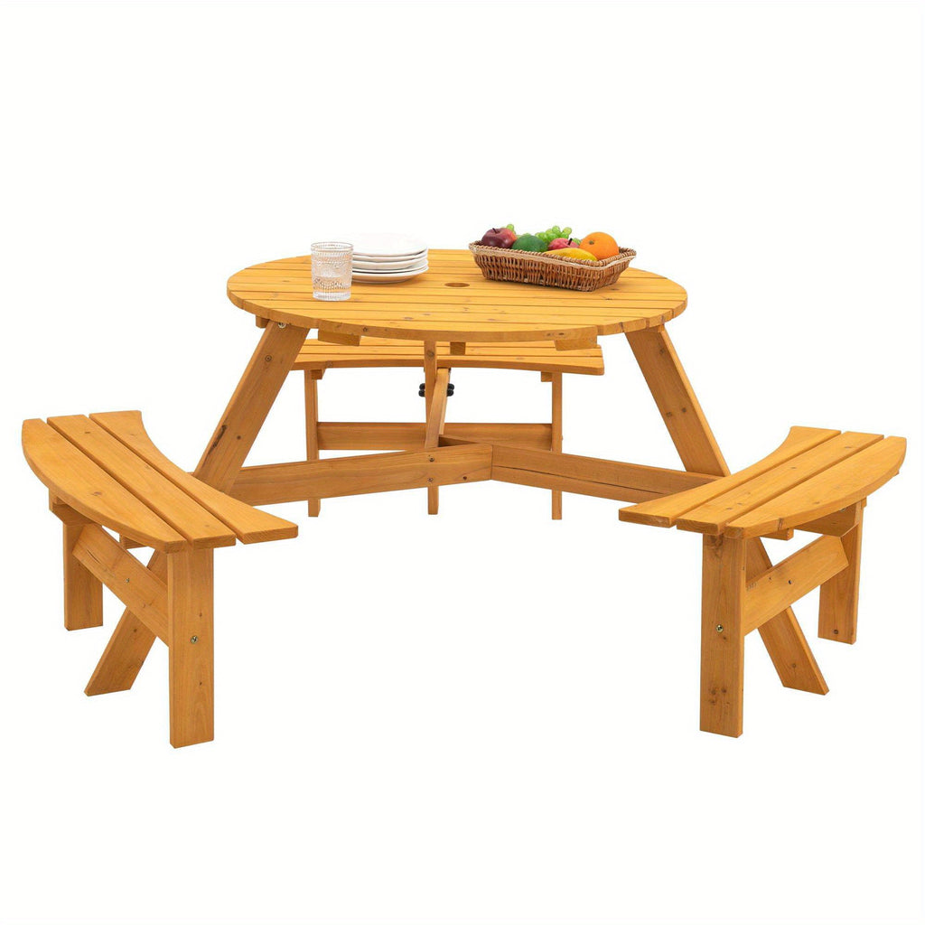 6-Person Wooden Picnic Table, Wooden Furniture Set W\u002F Round Table and Benches for for Outdoor Gathering