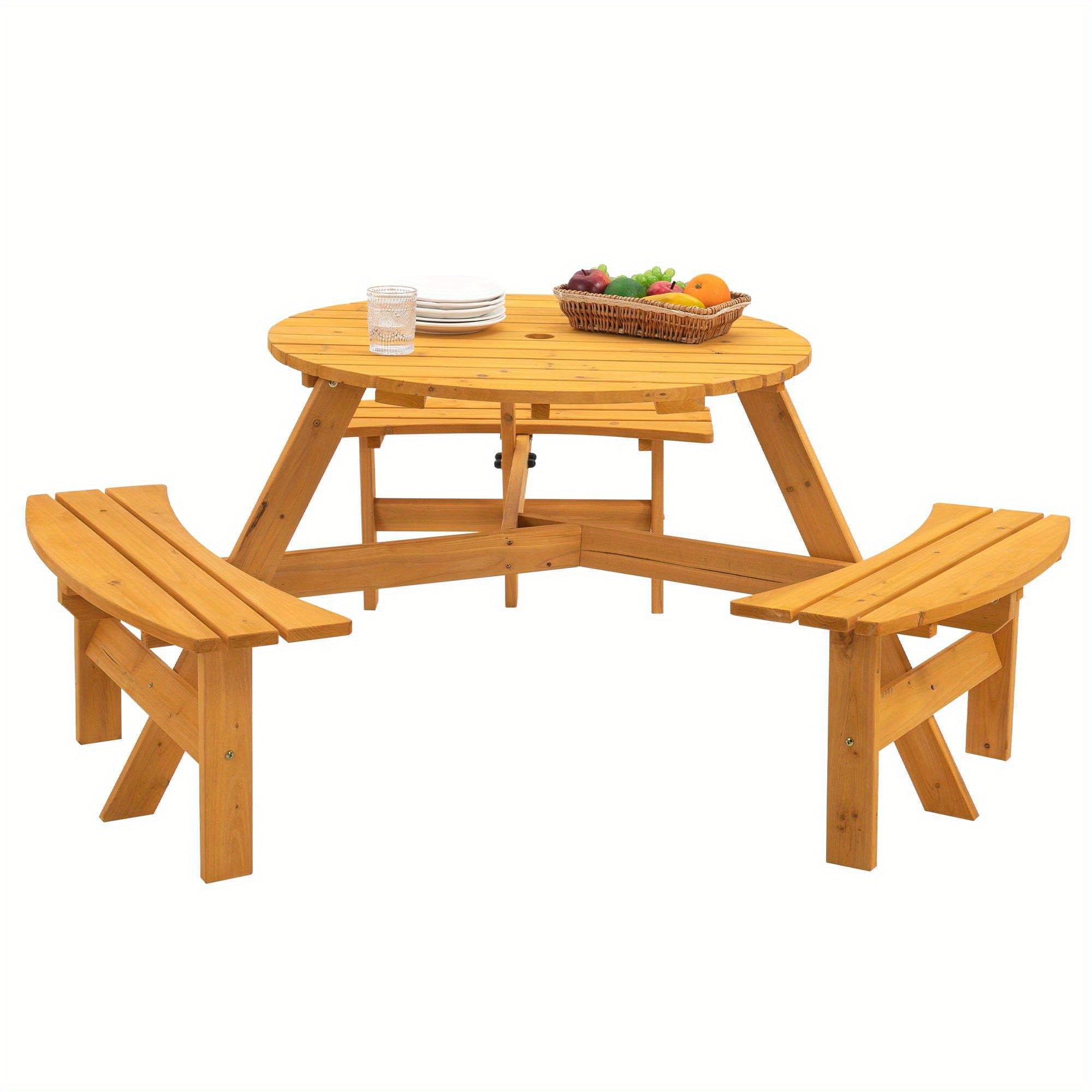 6-Person Wooden Picnic Table, Wooden Furniture Set W\u002F Round Table and Benches for for Outdoor Gathering