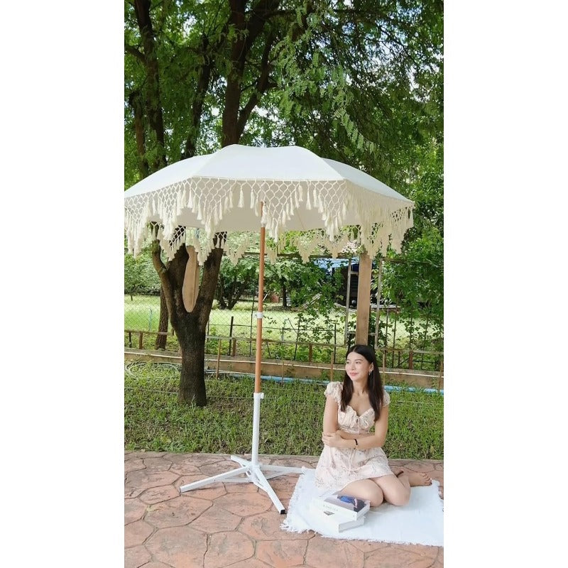 6.5ft Bohemian Macrame Umbrella | Handcrafted Balinese Canopy, Luxurious Outdoor Umbrella for Deck, Patio, Pool Sun Shade and Outdoor Entertaining, Non-woven Fabric