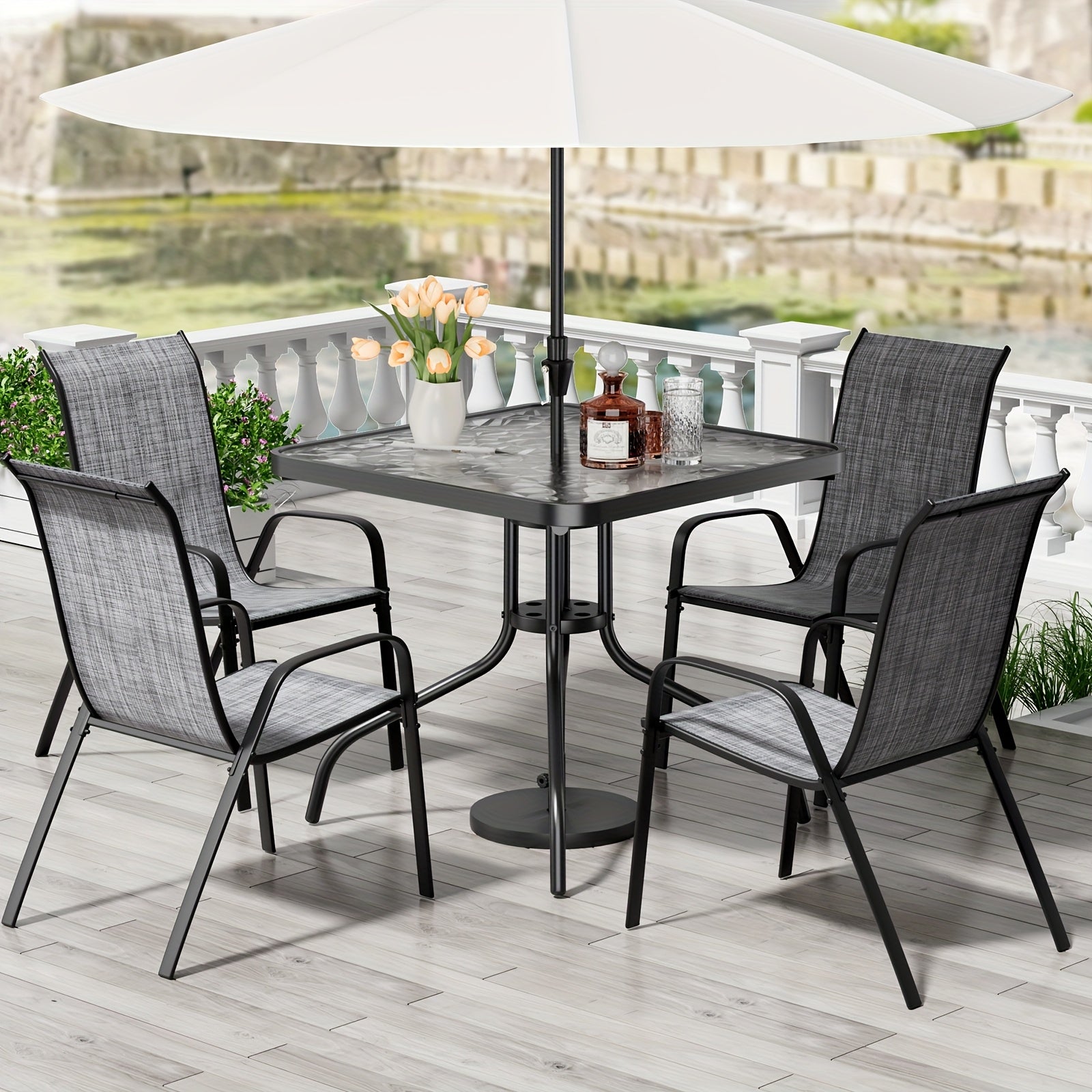 5pcs Outdoor Dining Set with Champagne Textilene Chairs & Metal Table - All-Weather Stackable Patio Furniture, Space-Saving Table and 4 Chairs for Garden, Poolside, Backyard (Champagne, Metal Frame)