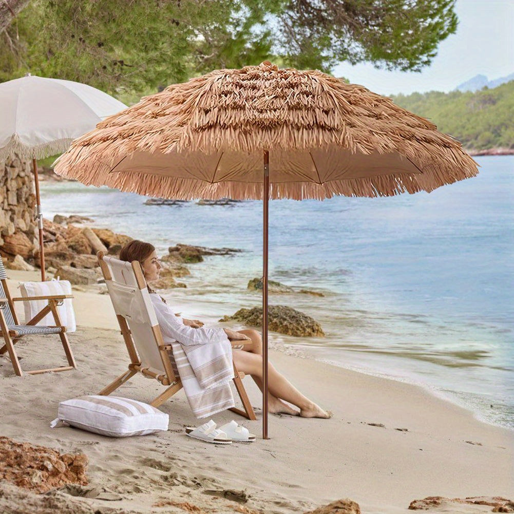 7.5-Foot Portable Outdoor Umbrella with UV Protection & Adjustable Canopy - Push Button Tilt, Manual Lift\u002FReclining System, Steel Pole & Iron Frame - Tropical Thatch Tiki Beach Umbrella Suitable for Patio, Poolside, Garden, Backyard (UV-Resistant)