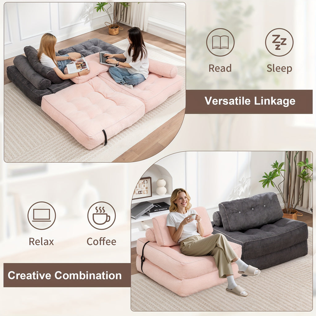 Folding Sofa Bed, Convertible Floor Recliner Chair with Back Support & Mattress, No Assembly Required, Portable Bed Chair for Adults, Small Spaces, Apartments, Dorms, Guest Rooms, Cushioned Padding, Grey Modern Bed Sofa