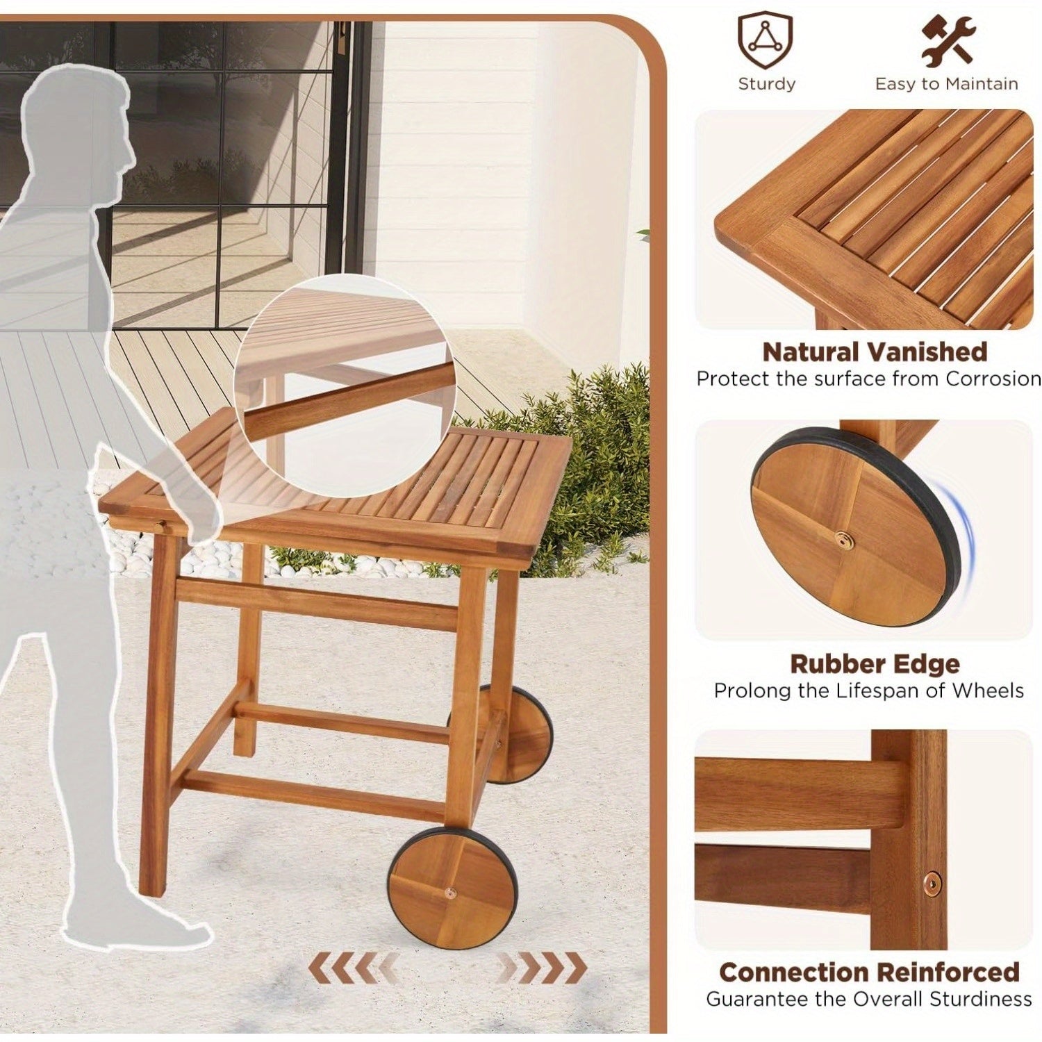 Acacia Wood Outdoor Dining Table for 4, Foldable Top Patio Table with Wheels, Heavy Duty Farmhouse Table for Backyard, Deck, Porch & Poolside