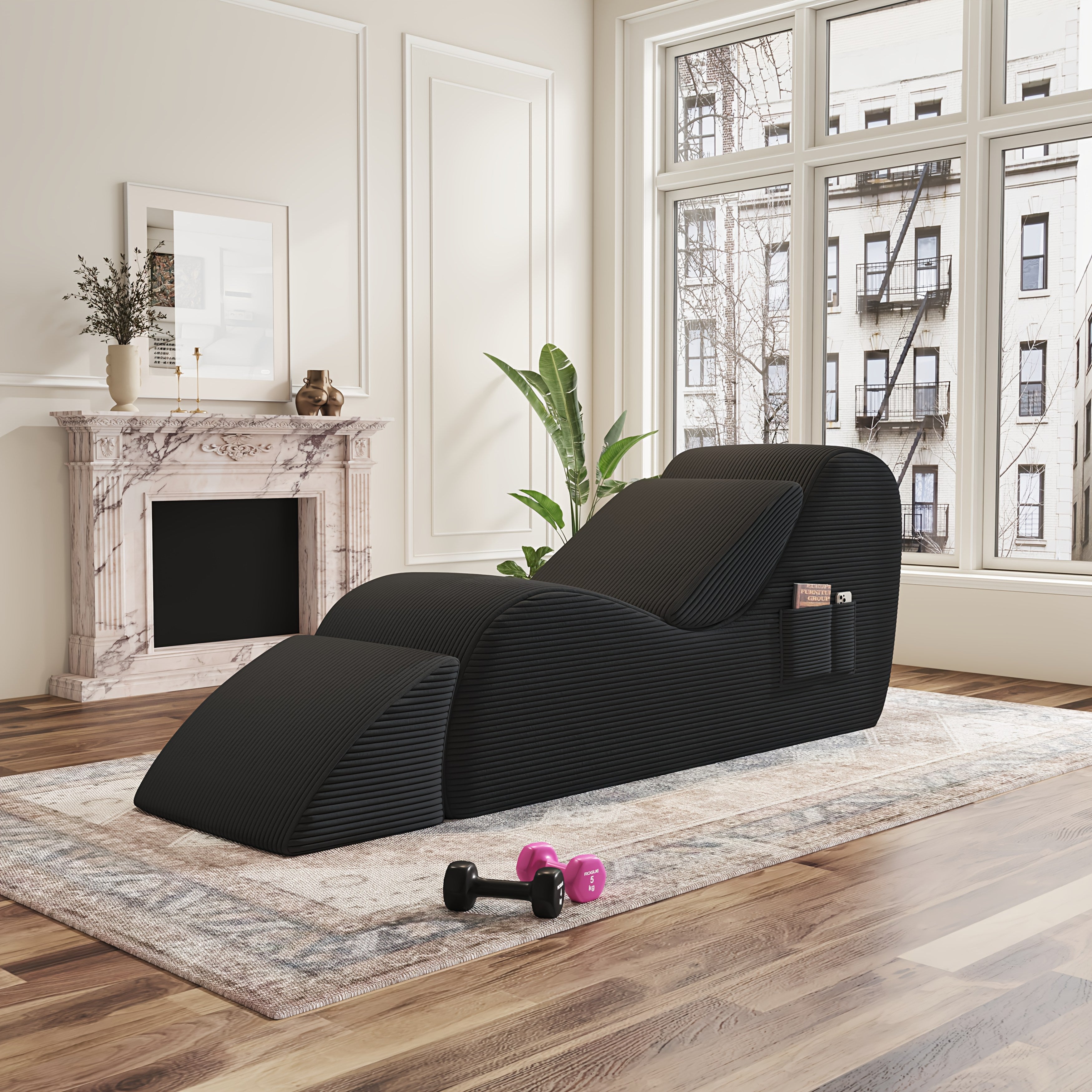 Adults' Ergonomic Yoga Chair with Ottoman - High-Density Foam Boneless Chaise Lounge, Lumbar & Side Pockets - Indoor Stretching Chair for Relaxation, Exercise, for Gym\u002FPilates\u002FStudio - Easy Setup (No Assembly)