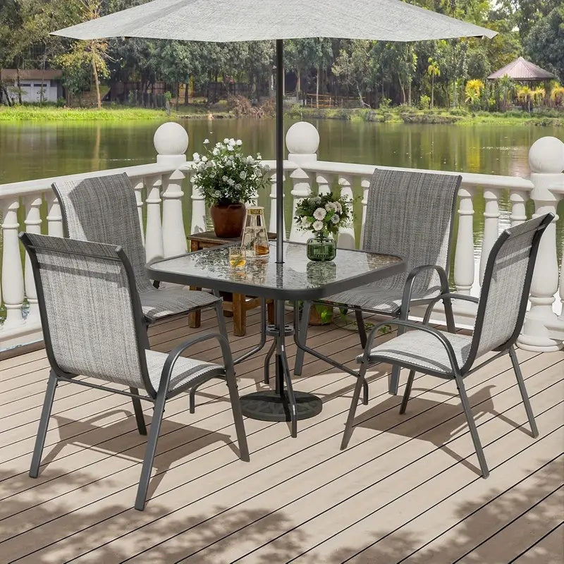 5pcs Outdoor Dining Set with Champagne Textilene Chairs & Metal Table - All-Weather Stackable Patio Furniture, Space-Saving Table and 4 Chairs for Garden, Poolside, Backyard (Champagne, Metal Frame)