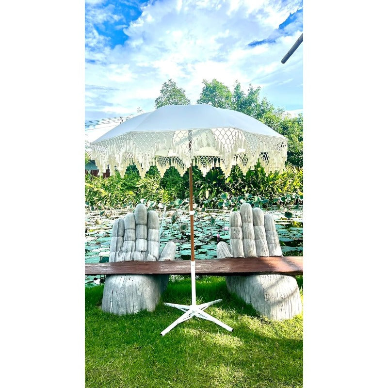 6.5ft Bohemian Macrame Umbrella | Handcrafted Balinese Canopy, Luxurious Outdoor Umbrella for Deck, Patio, Pool Sun Shade and Outdoor Entertaining, Non-woven Fabric