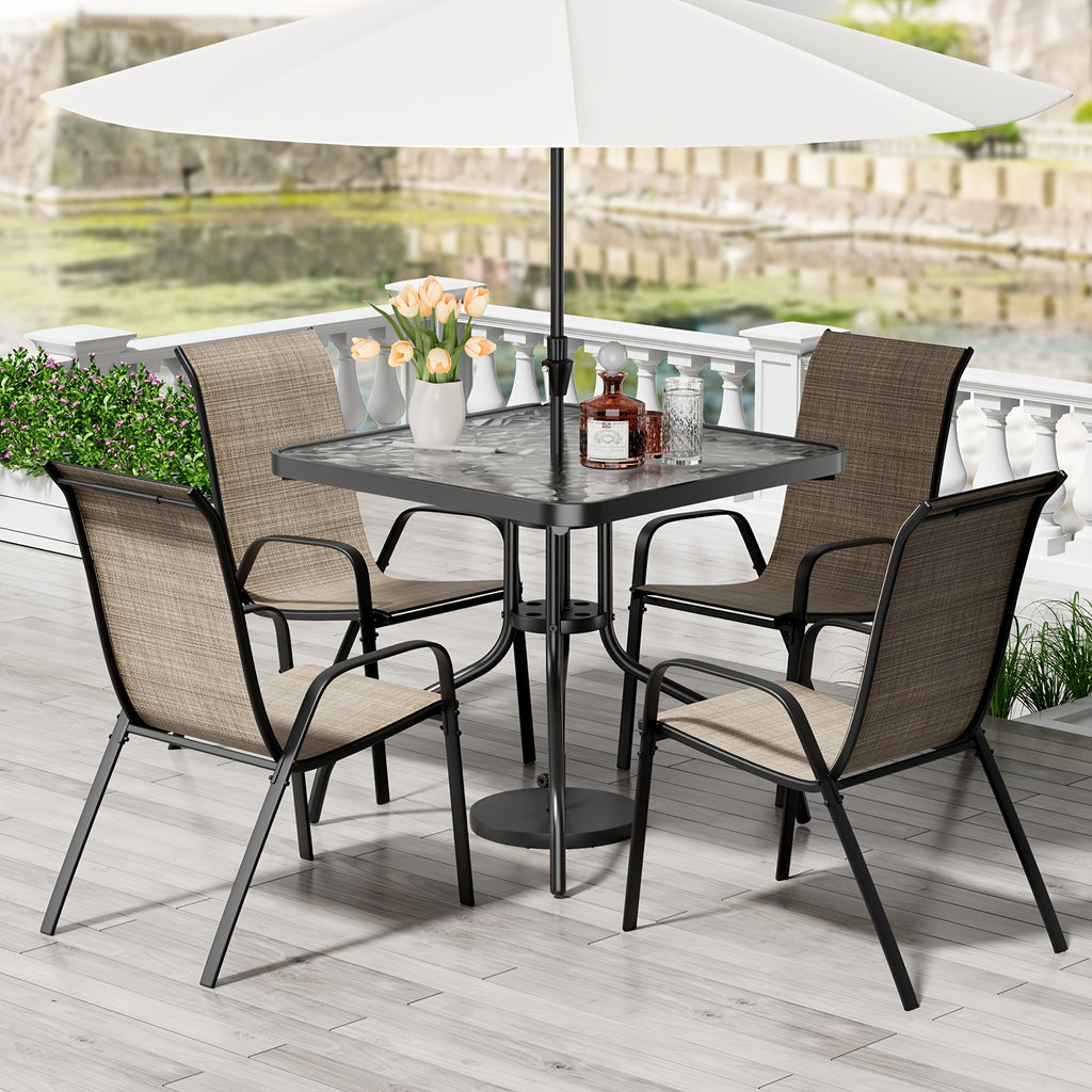5pcs Outdoor Dining Set with Champagne Textilene Chairs & Metal Table - All-Weather Stackable Patio Furniture, Space-Saving Table and 4 Chairs for Garden, Poolside, Backyard (Champagne, Metal Frame)