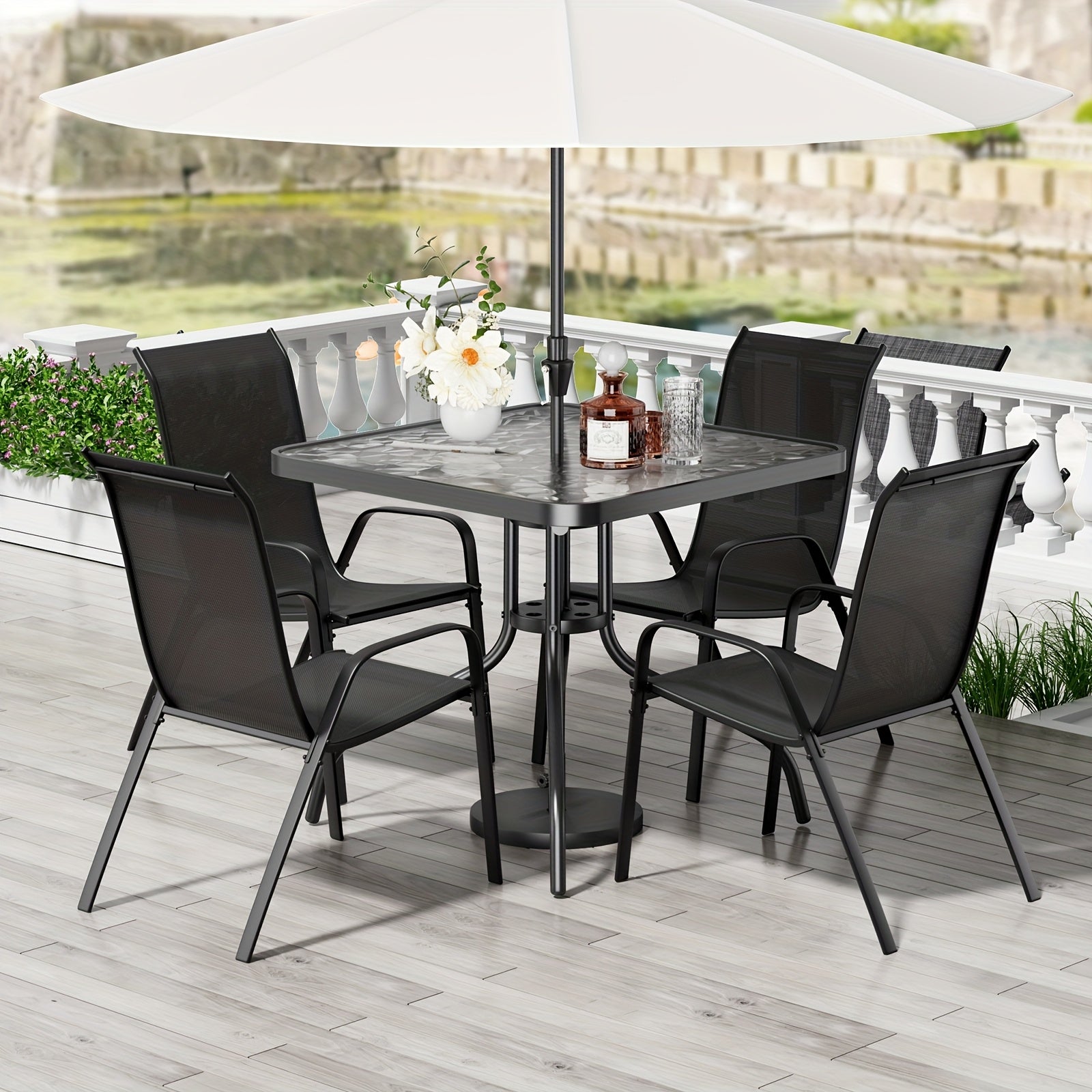 5pcs Outdoor Dining Set with Champagne Textilene Chairs & Metal Table - All-Weather Stackable Patio Furniture, Space-Saving Table and 4 Chairs for Garden, Poolside, Backyard (Champagne, Metal Frame)