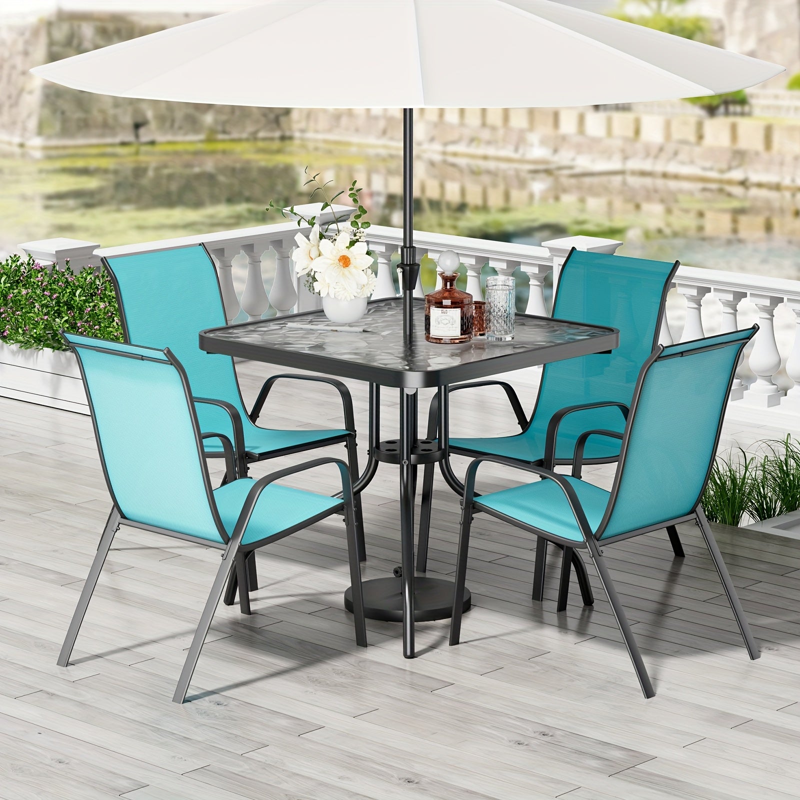 5pcs Outdoor Dining Set with Champagne Textilene Chairs & Metal Table - All-Weather Stackable Patio Furniture, Space-Saving Table and 4 Chairs for Garden, Poolside, Backyard (Champagne, Metal Frame)