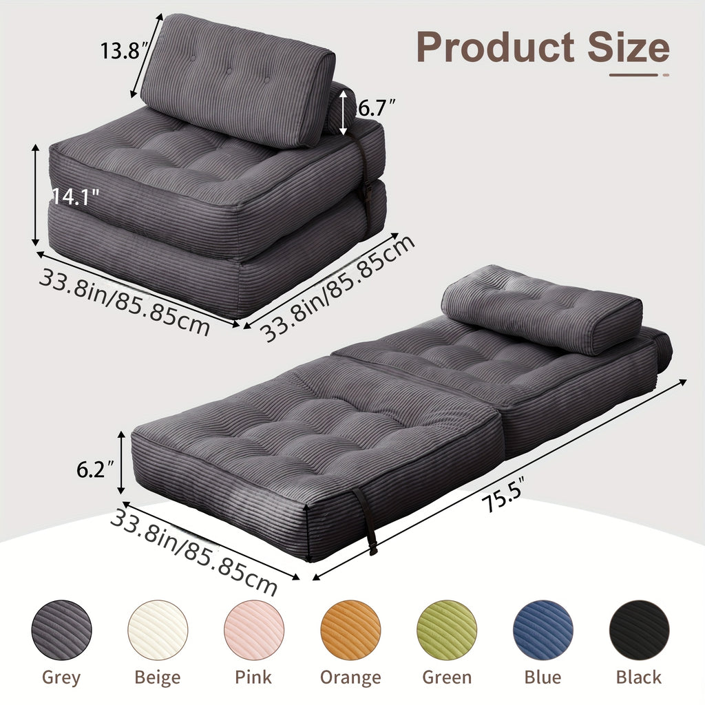 Folding Sofa Bed, Convertible Floor Recliner Chair with Back Support & Mattress, No Assembly Required, Portable Bed Chair for Adults, Small Spaces, Apartments, Dorms, Guest Rooms, Cushioned Padding, Grey Modern Bed Sofa