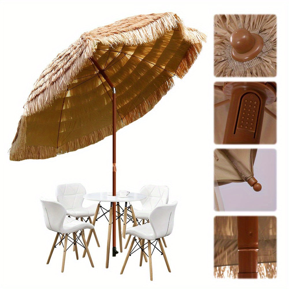 7.5-Foot Portable Outdoor Umbrella with UV Protection & Adjustable Canopy - Push Button Tilt, Manual Lift\u002FReclining System, Steel Pole & Iron Frame - Tropical Thatch Tiki Beach Umbrella Suitable for Patio, Poolside, Garden, Backyard (UV-Resistant)