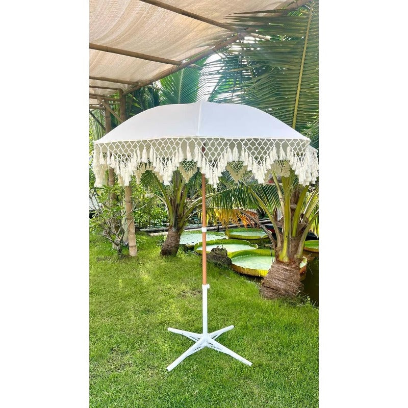 6.5ft Bohemian Macrame Umbrella | Handcrafted Balinese Canopy, Luxurious Outdoor Umbrella for Deck, Patio, Pool Sun Shade and Outdoor Entertaining, Non-woven Fabric