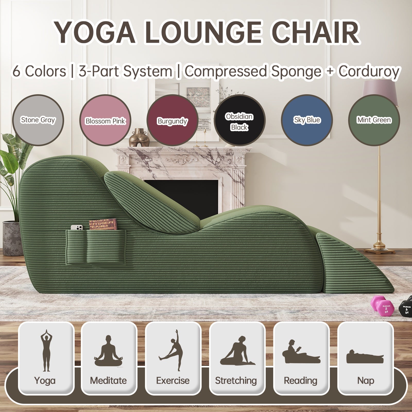 Adults' Ergonomic Yoga Chair with Ottoman - High-Density Foam Boneless Chaise Lounge, Lumbar & Side Pockets - Indoor Stretching Chair for Relaxation, Exercise, for Gym\u002FPilates\u002FStudio - Easy Setup (No Assembly)
