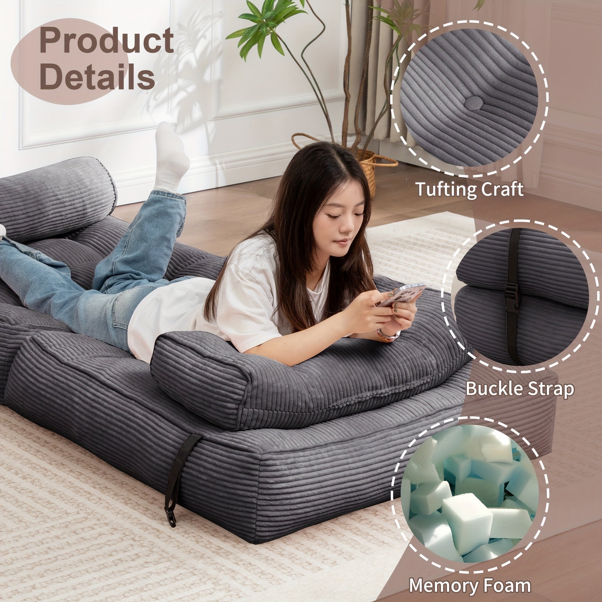 Folding Sofa Bed, Convertible Floor Recliner Chair with Back Support & Mattress, No Assembly Required, Portable Bed Chair for Adults, Small Spaces, Apartments, Dorms, Guest Rooms, Cushioned Padding, Grey Modern Bed Sofa