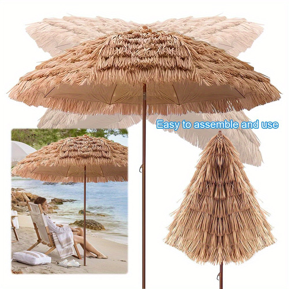 7.5-Foot Portable Outdoor Umbrella with UV Protection & Adjustable Canopy - Push Button Tilt, Manual Lift\u002FReclining System, Steel Pole & Iron Frame - Tropical Thatch Tiki Beach Umbrella Suitable for Patio, Poolside, Garden, Backyard (UV-Resistant)