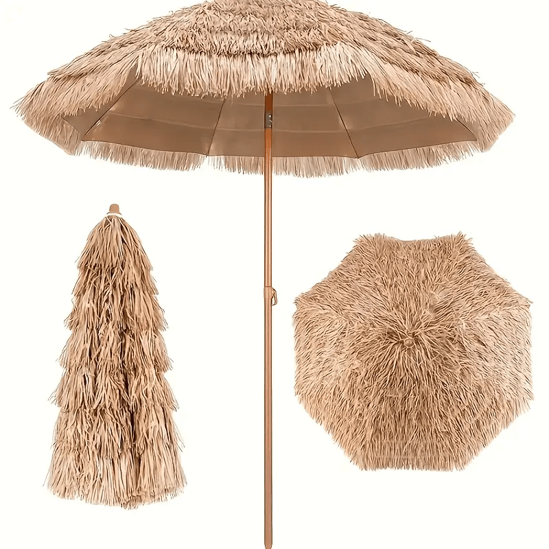 7.5-Foot Portable Outdoor Umbrella with UV Protection & Adjustable Canopy - Push Button Tilt, Manual Lift\u002FReclining System, Steel Pole & Iron Frame - Tropical Thatch Tiki Beach Umbrella Suitable for Patio, Poolside, Garden, Backyard (UV-Resistant)
