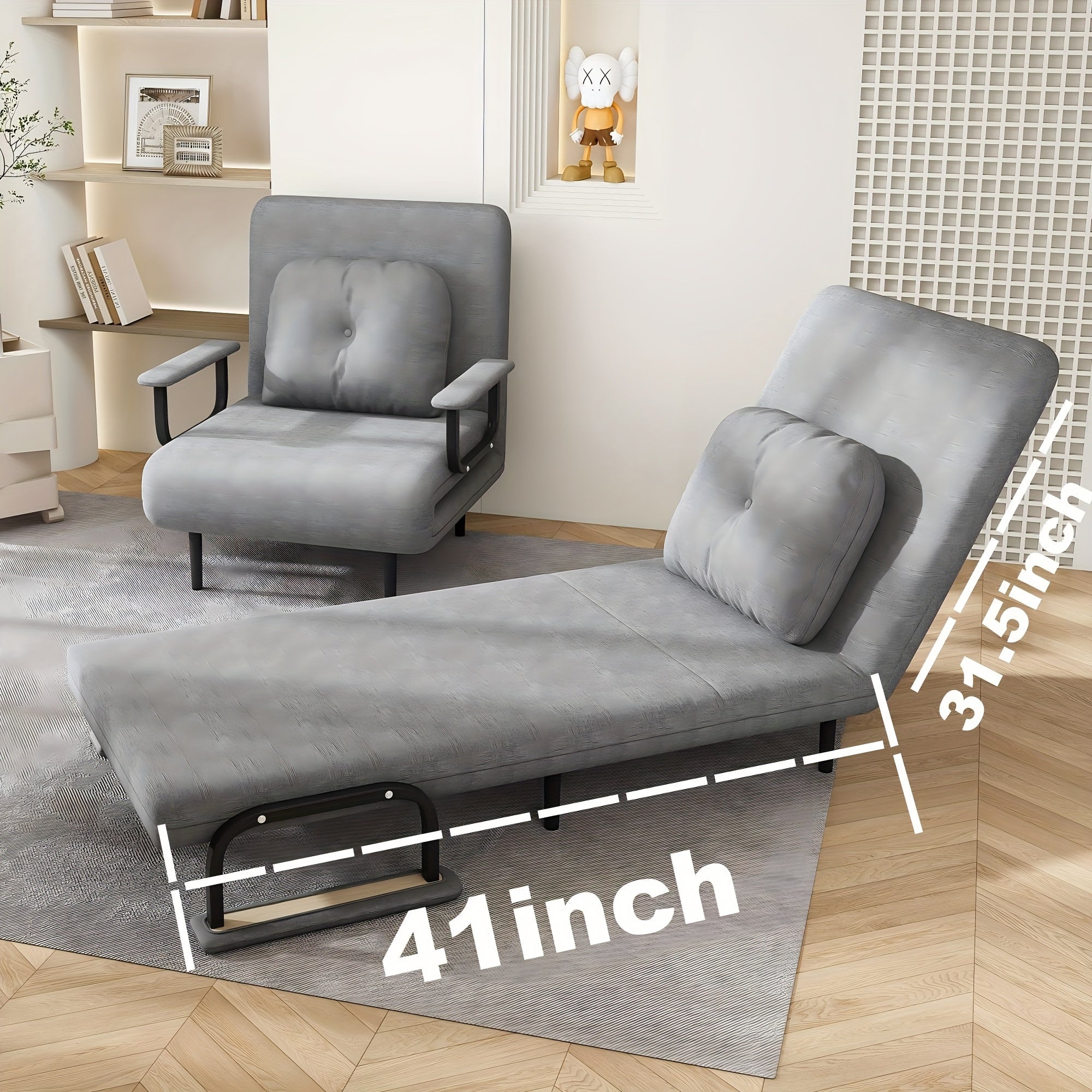 3-in-1 Sleeper Chair Futon Chair Bed, 5-Position Adjustable Backrest with Pillow, Space-Saving Convertible Bed for Living Room, Bedroom & Office (Grey)