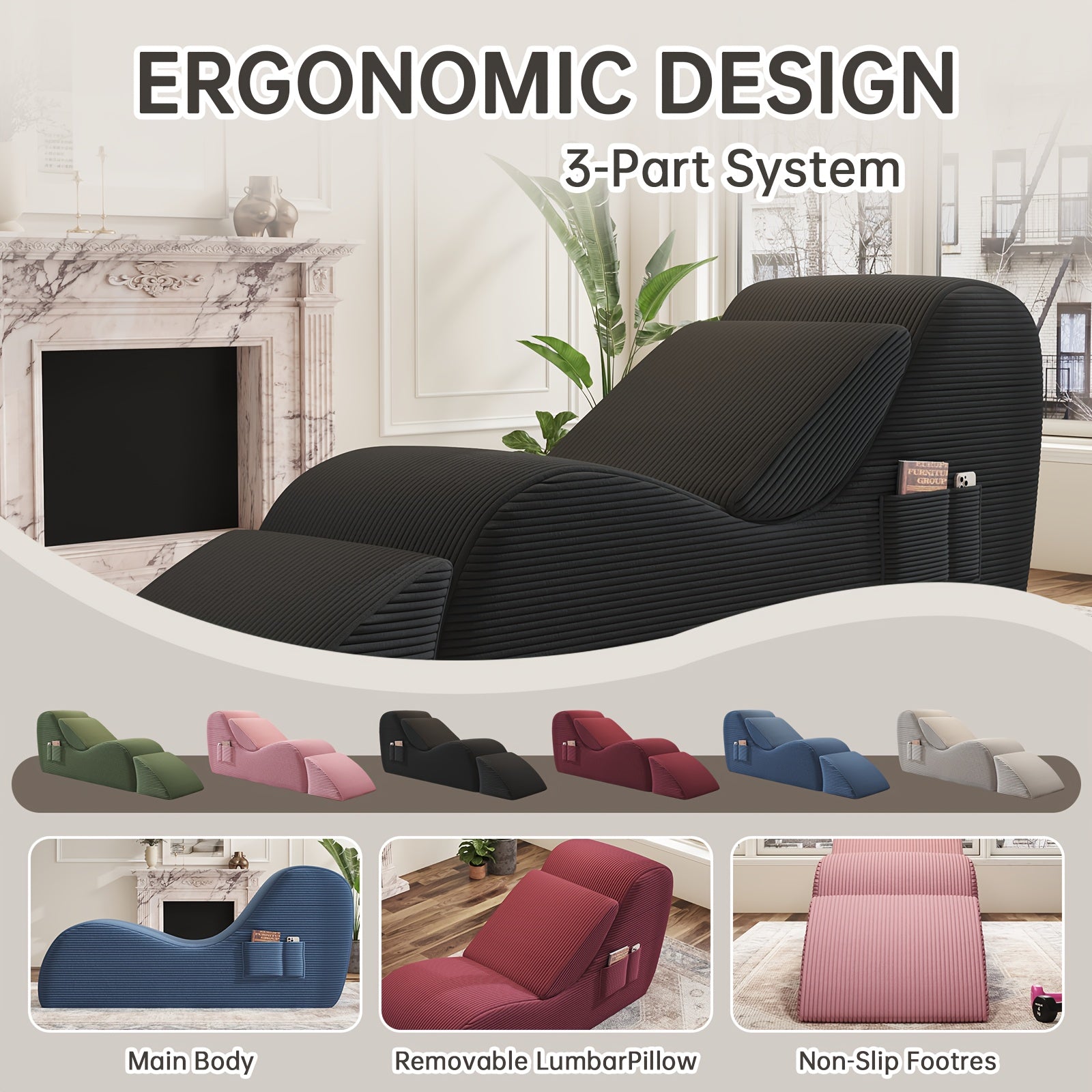 Adults' Ergonomic Yoga Chair with Ottoman - High-Density Foam Boneless Chaise Lounge, Lumbar & Side Pockets - Indoor Stretching Chair for Relaxation, Exercise, for Gym\u002FPilates\u002FStudio - Easy Setup (No Assembly)