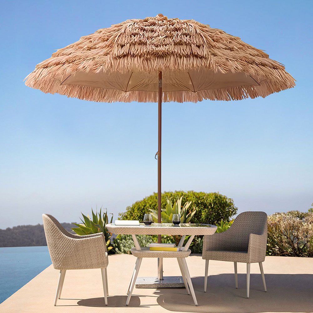 7.5-Foot Portable Outdoor Umbrella with UV Protection & Adjustable Canopy - Push Button Tilt, Manual Lift\u002FReclining System, Steel Pole & Iron Frame - Tropical Thatch Tiki Beach Umbrella Suitable for Patio, Poolside, Garden, Backyard (UV-Resistant)