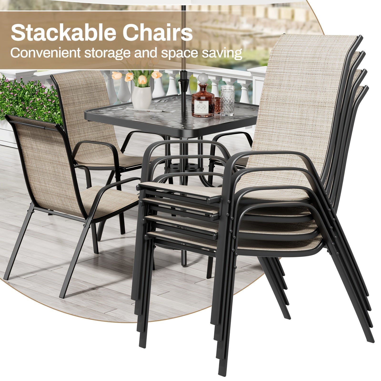 5pcs Outdoor Dining Set with Champagne Textilene Chairs & Metal Table - All-Weather Stackable Patio Furniture, Space-Saving Table and 4 Chairs for Garden, Poolside, Backyard (Champagne, Metal Frame)