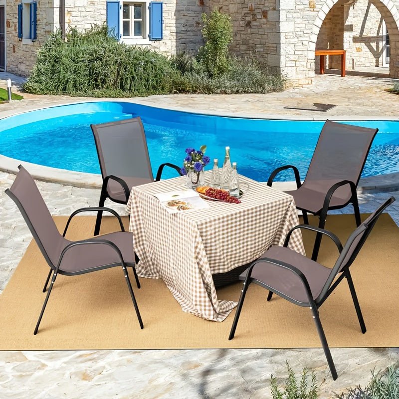 5pcs Outdoor Dining Set with Champagne Textilene Chairs & Metal Table - All-Weather Stackable Patio Furniture, Space-Saving Table and 4 Chairs for Garden, Poolside, Backyard (Champagne, Metal Frame)