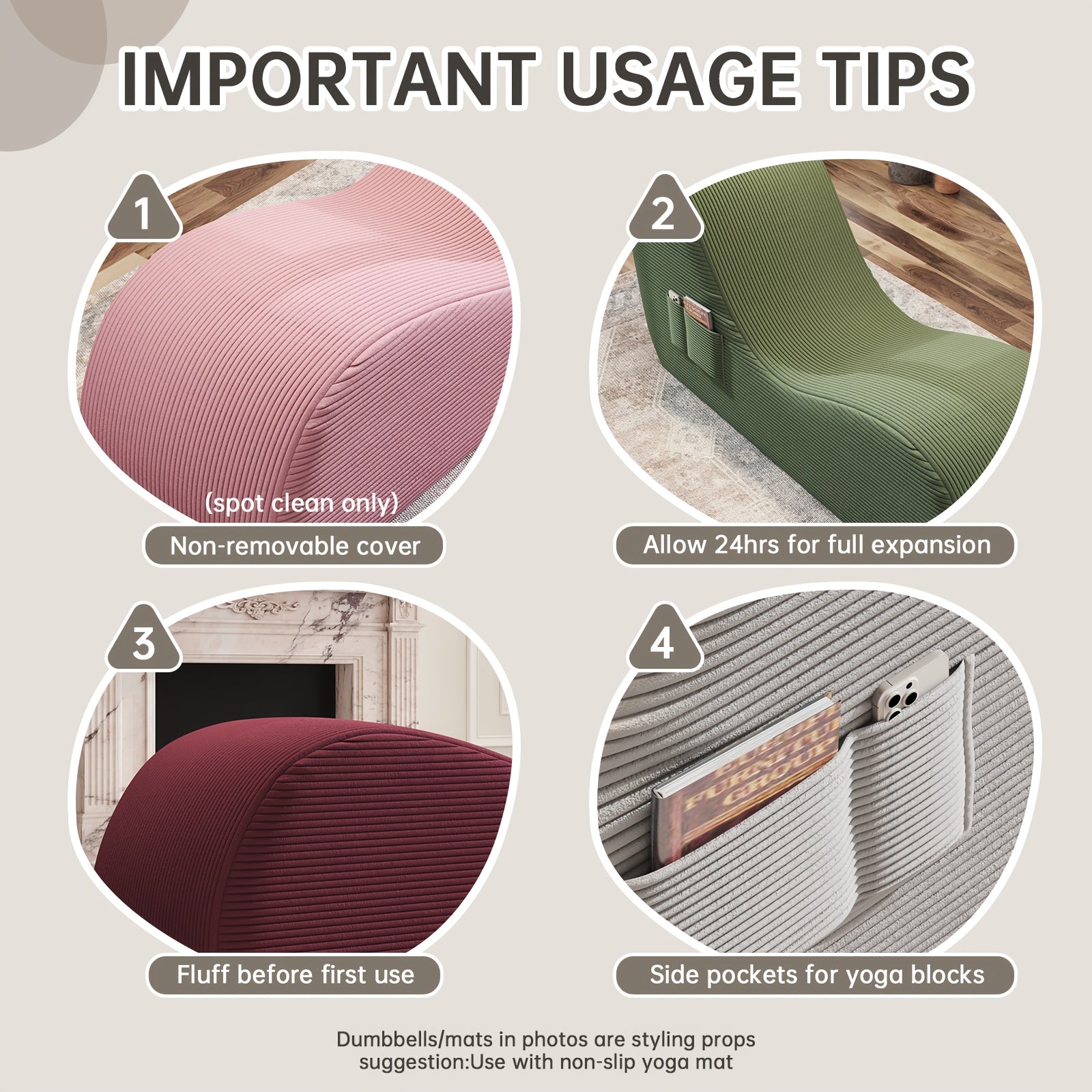 Adults' Ergonomic Yoga Chair with Ottoman - High-Density Foam Boneless Chaise Lounge, Lumbar & Side Pockets - Indoor Stretching Chair for Relaxation, Exercise, for Gym\u002FPilates\u002FStudio - Easy Setup (No Assembly)