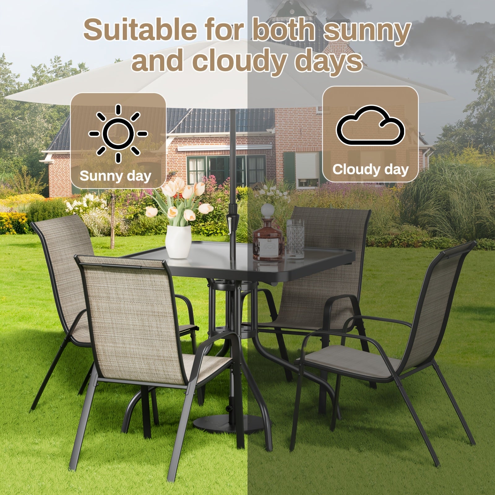 5pcs Outdoor Dining Set with Champagne Textilene Chairs & Metal Table - All-Weather Stackable Patio Furniture, Space-Saving Table and 4 Chairs for Garden, Poolside, Backyard (Champagne, Metal Frame)