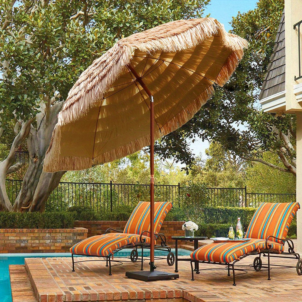 7.5-Foot Portable Outdoor Umbrella with UV Protection & Adjustable Canopy - Push Button Tilt, Manual Lift\u002FReclining System, Steel Pole & Iron Frame - Tropical Thatch Tiki Beach Umbrella Suitable for Patio, Poolside, Garden, Backyard (UV-Resistant)