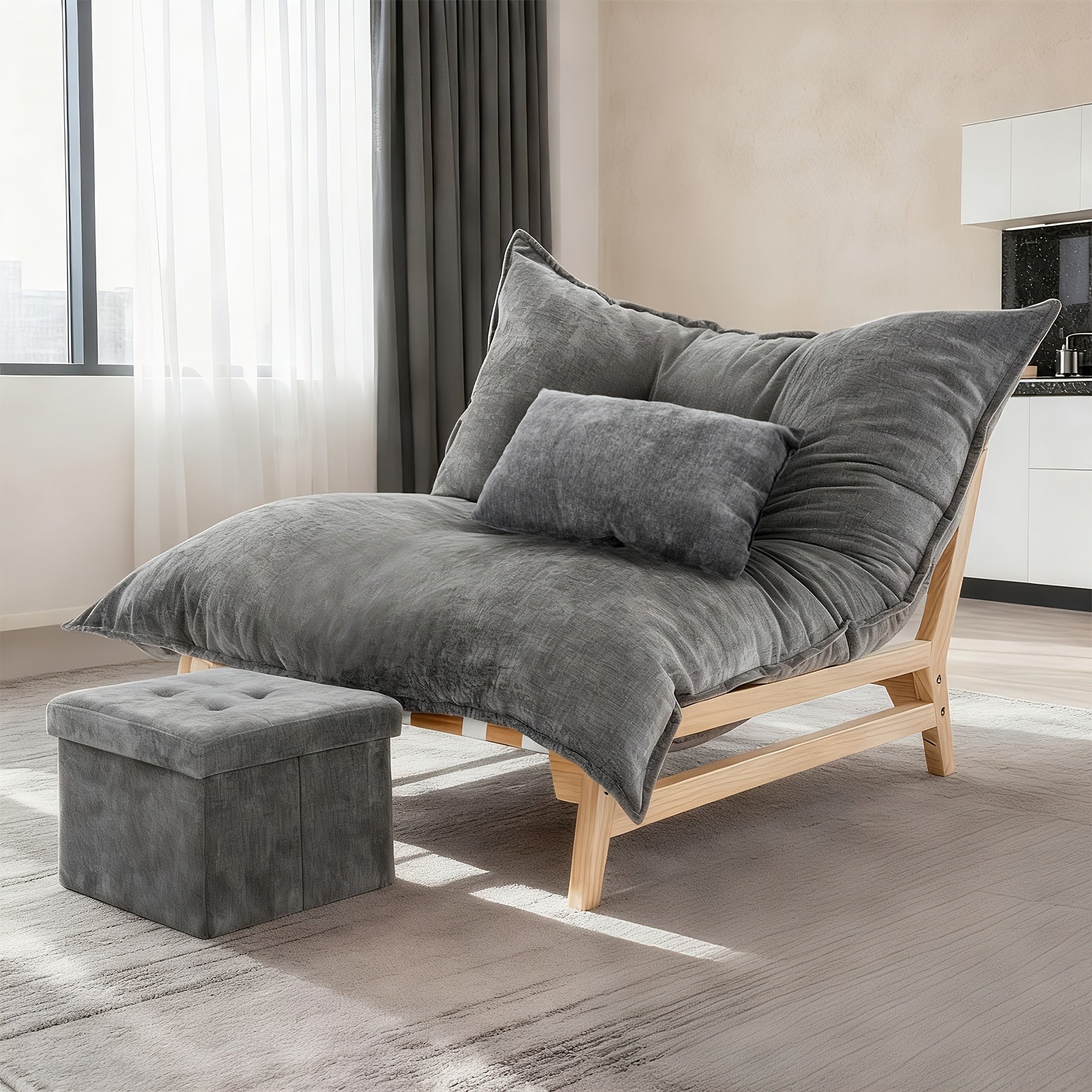 LILYPELLE Oversized Chaise Lounge Chair, Multi-Functional Comfy Upholstered Sleeper Sofas, Comfy Accent Chair with Storage Footrest & Pillow for Living Room, Bedroom & Office