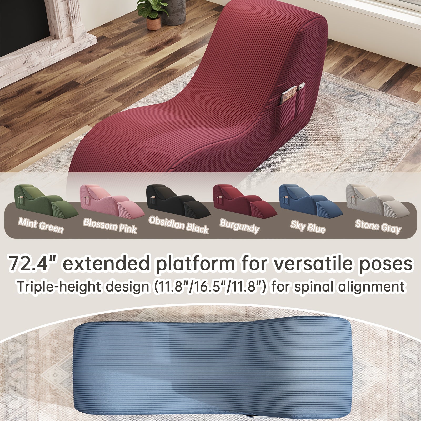 Adults' Ergonomic Yoga Chair with Ottoman - High-Density Foam Boneless Chaise Lounge, Lumbar & Side Pockets - Indoor Stretching Chair for Relaxation, Exercise, for Gym\u002FPilates\u002FStudio - Easy Setup (No Assembly)