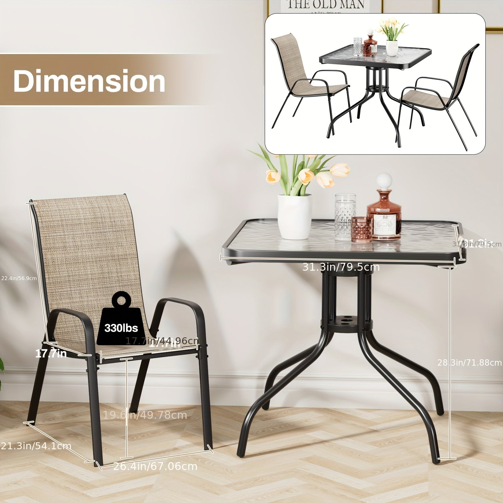 5pcs Outdoor Dining Set with Champagne Textilene Chairs & Metal Table - All-Weather Stackable Patio Furniture, Space-Saving Table and 4 Chairs for Garden, Poolside, Backyard (Champagne, Metal Frame)