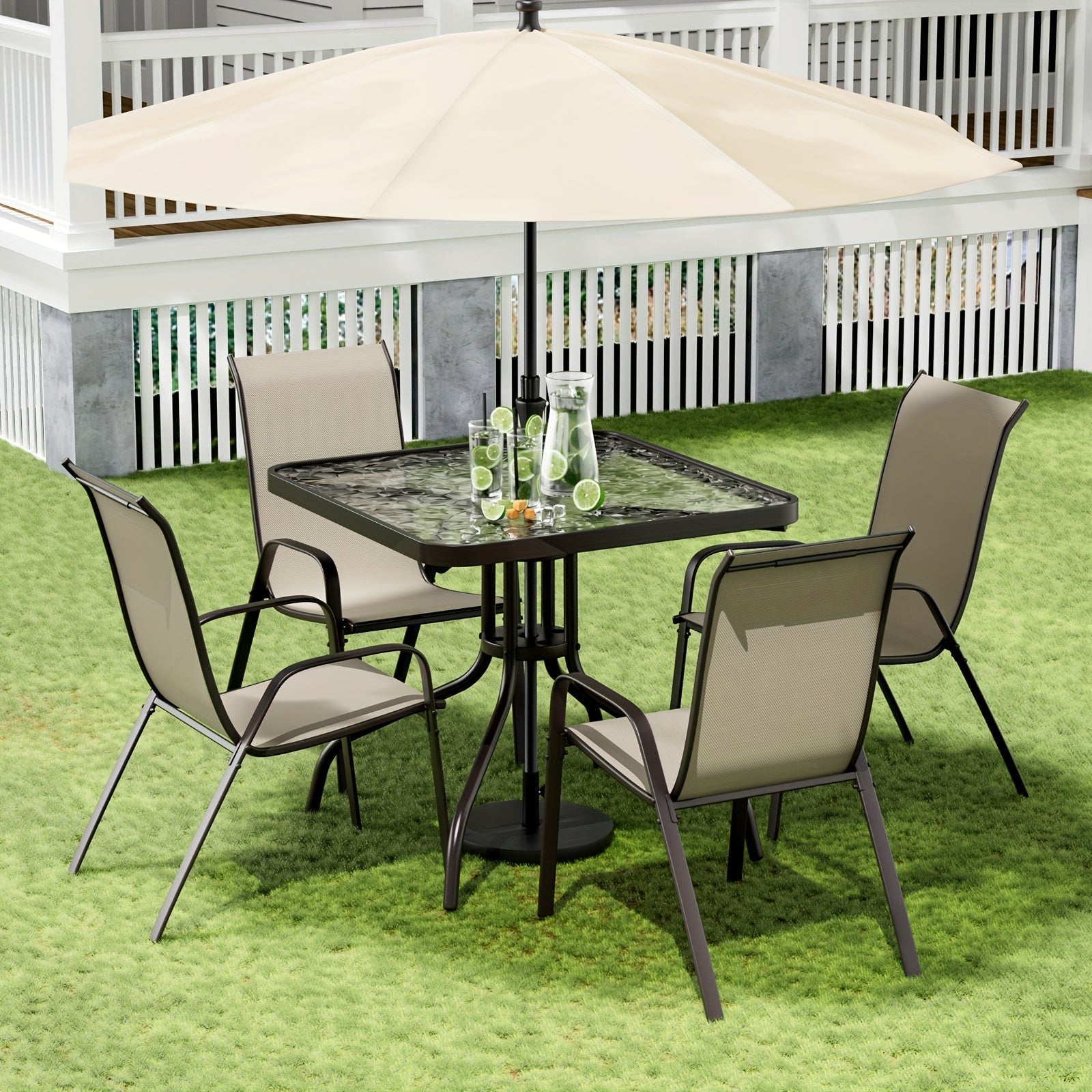 5pcs Outdoor Dining Set with Champagne Textilene Chairs & Metal Table - All-Weather Stackable Patio Furniture, Space-Saving Table and 4 Chairs for Garden, Poolside, Backyard (Champagne, Metal Frame)