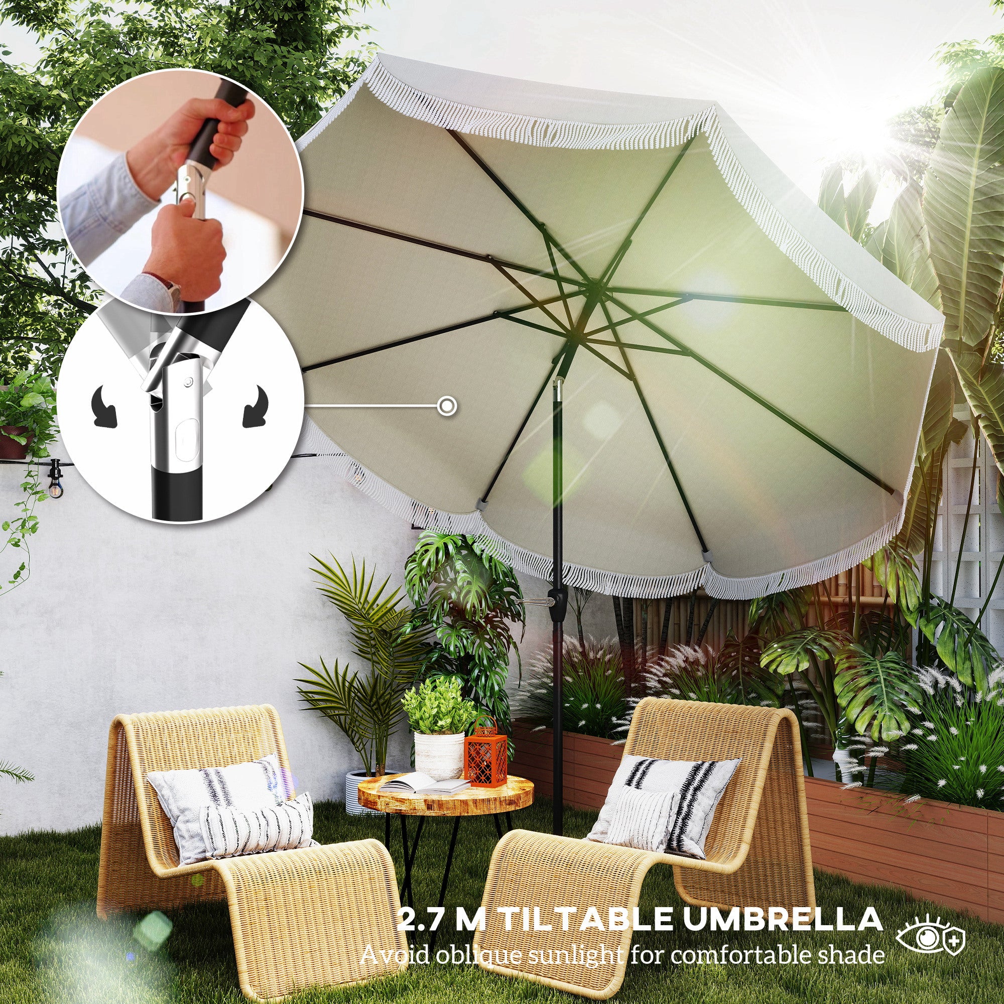 9ft Large Outdoor Patio Umbrella with UPF 30+, Heavy-Duty & 8-Rib Canopy, Manual Tilt & Vented Design - Easy-Curve Pole Lift System for Pool,, Balcony - Light Gray All-Purpose Shade Umbrella (Round